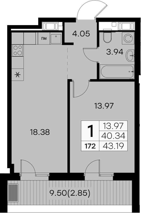 1-комнатная квартира 43.19 м², 5/7 эт., ЖК «Glorax City Балтийская»